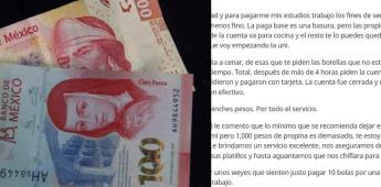 "Raza tacaña", mesero denuncia propina de 100 pesos por una cuenta de 10 mil